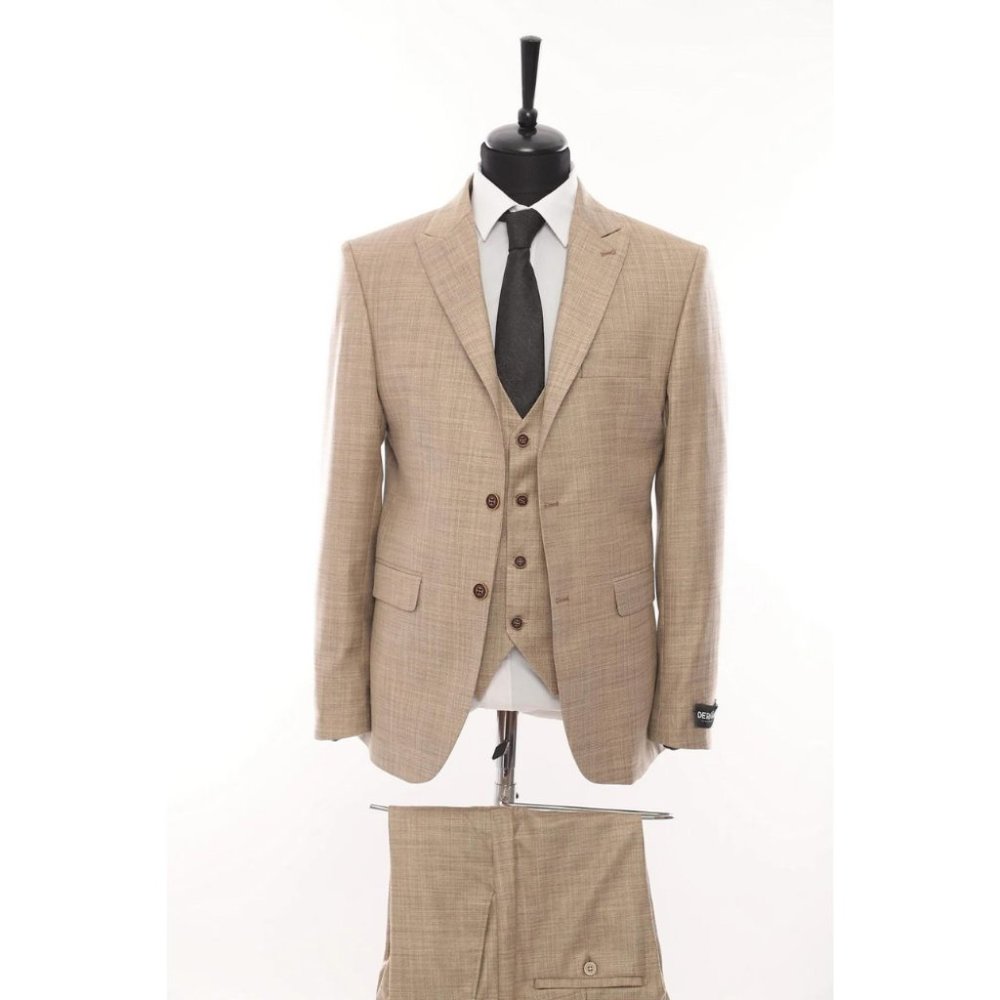 Derman Double Breasted Ecru Patterned Fabric 3 Pieces Suit